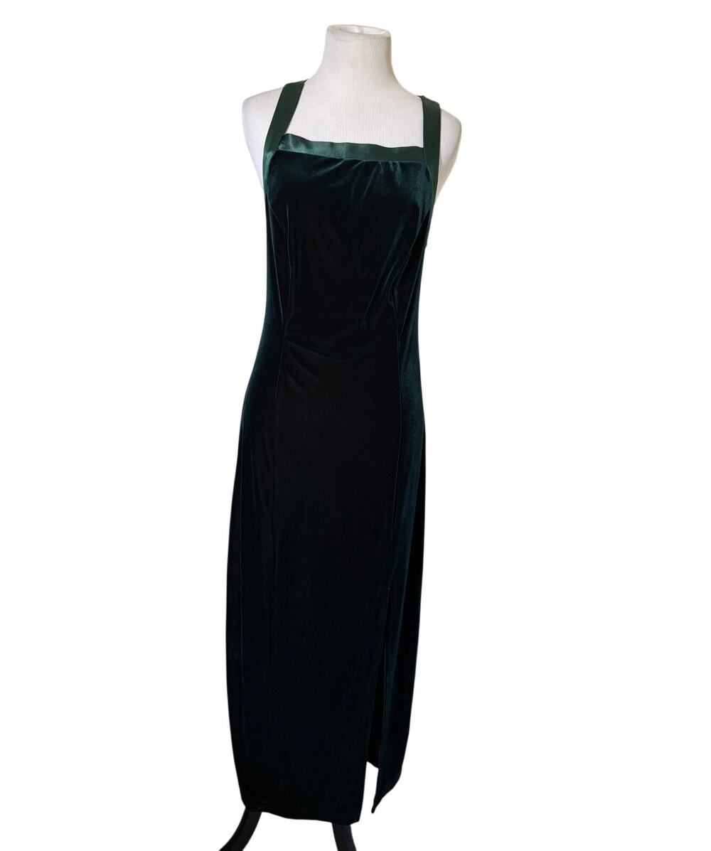 Vintage 90s CDC Emerald Green Velvet Crisscross Back Maxi Formal